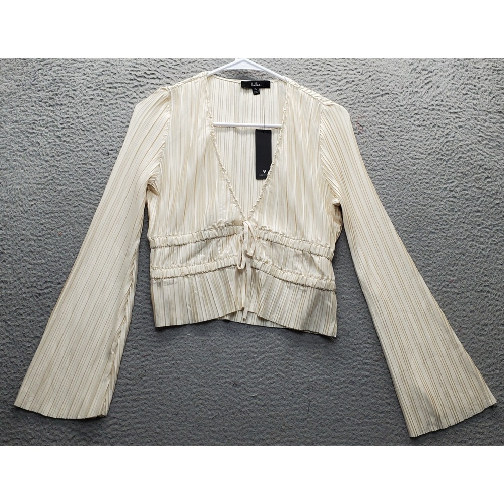 Lulus Crop Blouse Womens XL Tan Ribbed Smocked Long Sleeve Tie Waist Deep V-Neck
